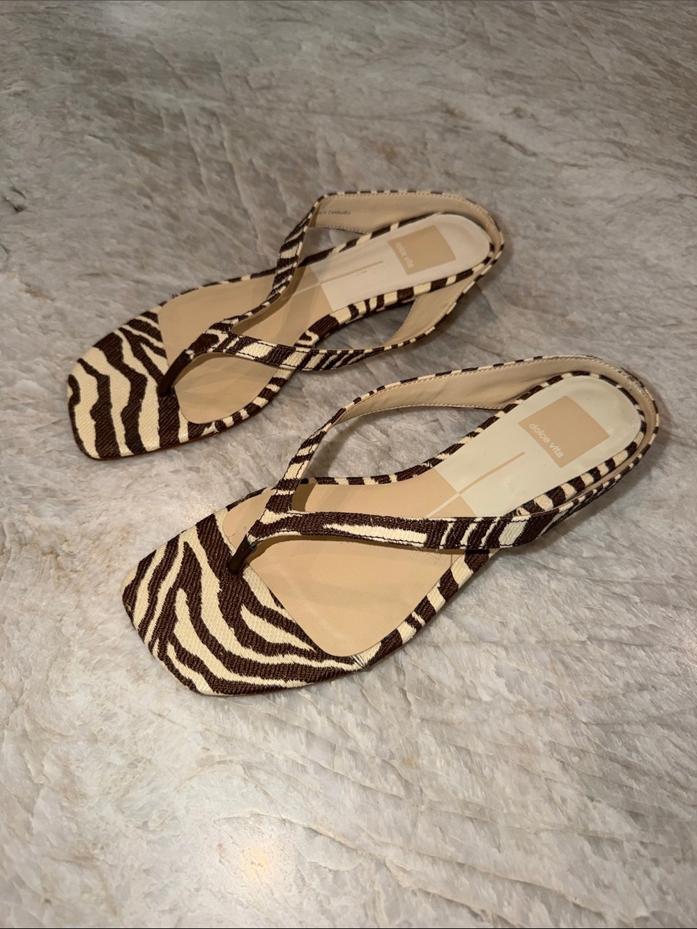 Dolce Vita Zebra-Print Thong Sandals in Beige and Brown